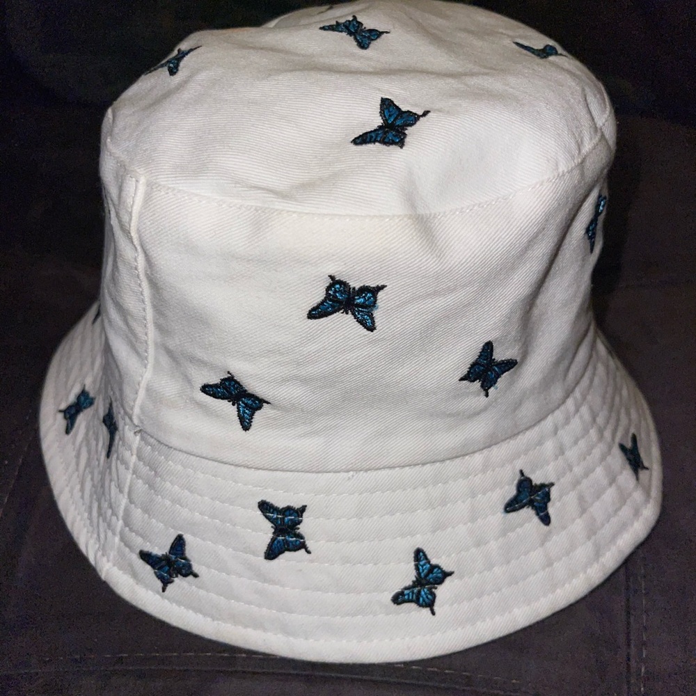 White Bucket Hat with Blue Butterfly Embroidery